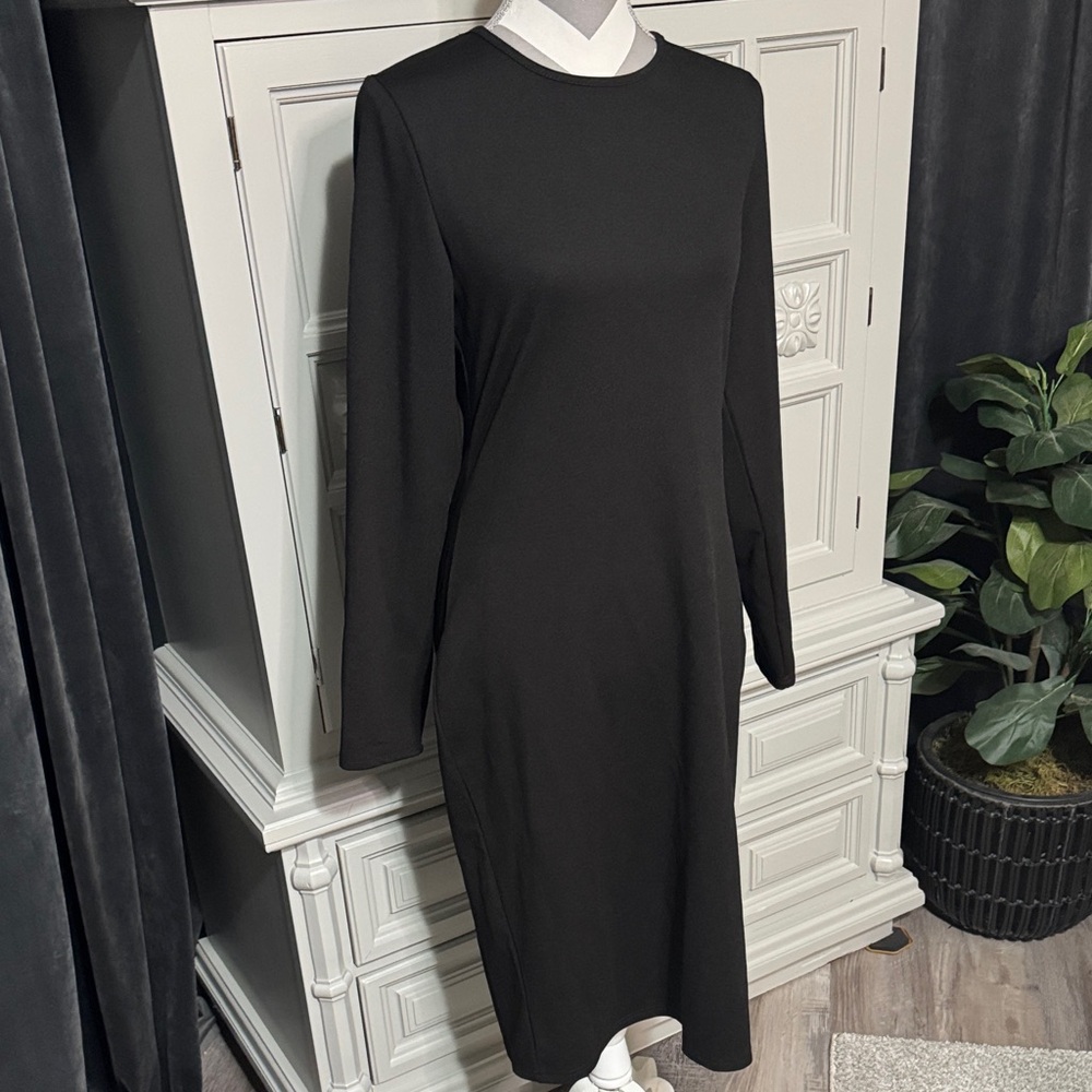 Elegant Black Long Sleeve Midi Dress with Back Silver Zipper from SHEIN Size XL